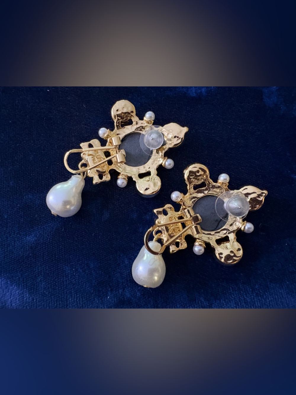 Vintage-Inspired, Large Statement Cameo Pierced Drop Earrings with Pearl - Picture 2 of 5